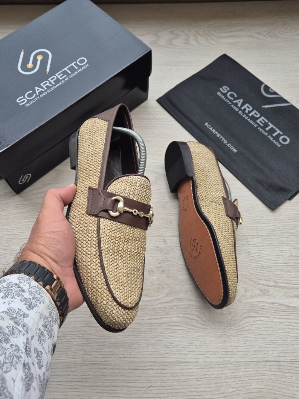 Woven Raffia Loafers with Leather Trim and Horsebit Detail - Picture 2 of 5